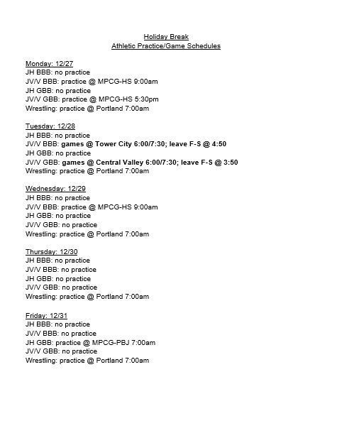 practice and game schedule